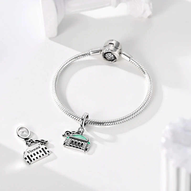 925 Sterling Silver Travel Charms Bead CZ Zircon Vienna Opera House Dangle Fit Original Bracelet DIY Women Jewelry Gift