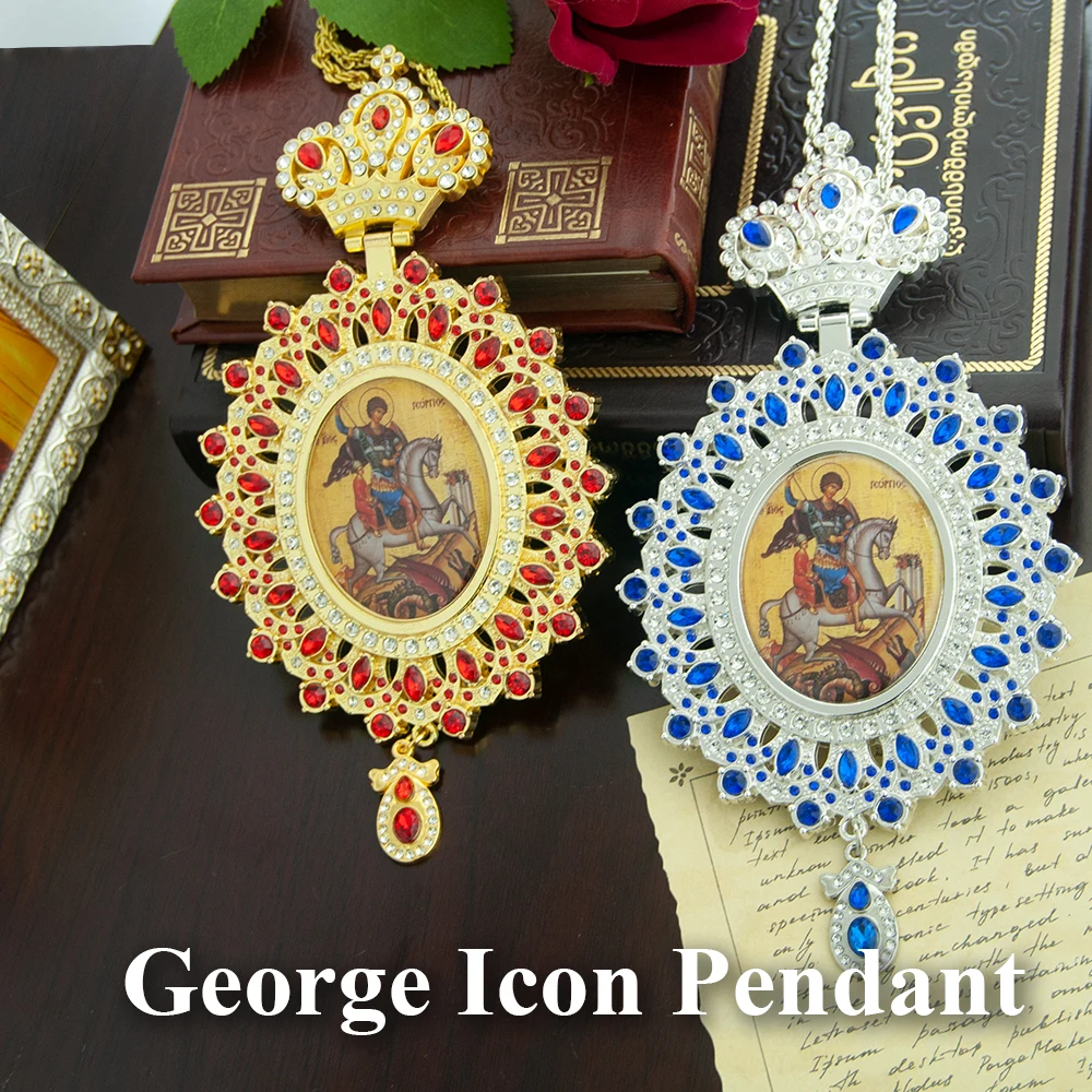 Orthodox Pendant – Zinc Alloy George Dragon Slaying Icon Necklace with Red Rhinestones (Gold) & Blue Rhinestones (Silver) Religi