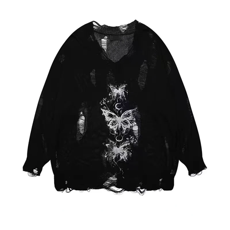 Autumn Black Gothic Graffiti Print T-shirt Women Harajuku Korean Y2k 90s Vintage Long Sleeve Emo Torn Tops Clothes 2000s New