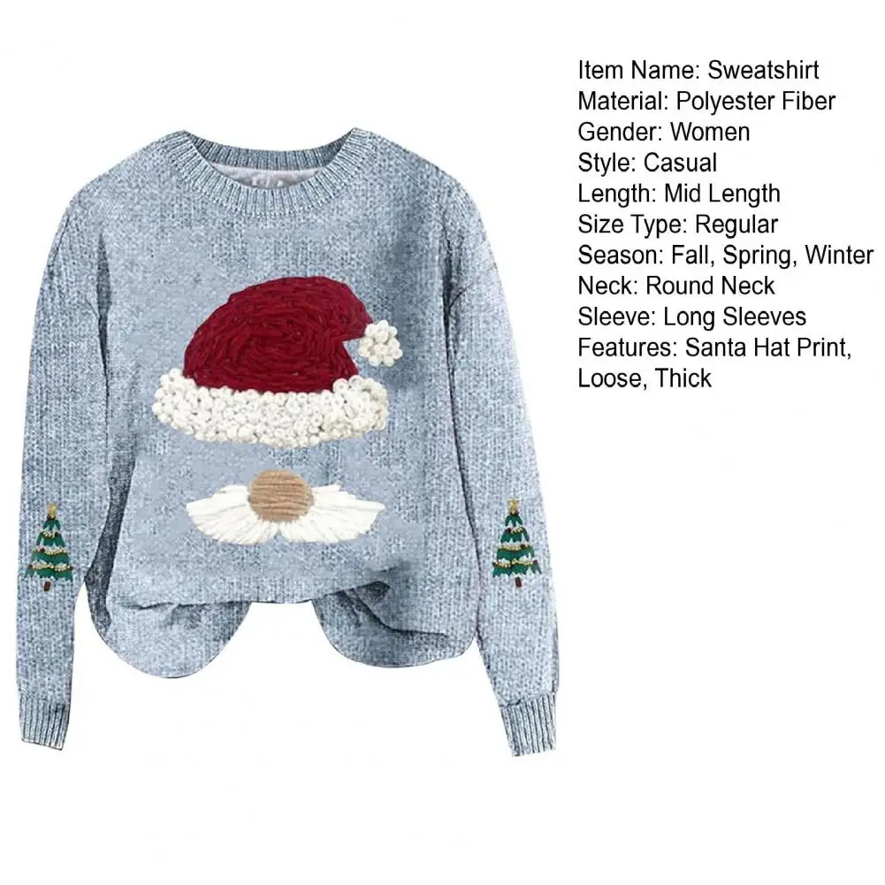 Women Sweatshirt 3D Santa Hat Round Neck Sweater Loose Thick Pulliver Knitted New Year Winter Top Keep Warm School Sweatshirt