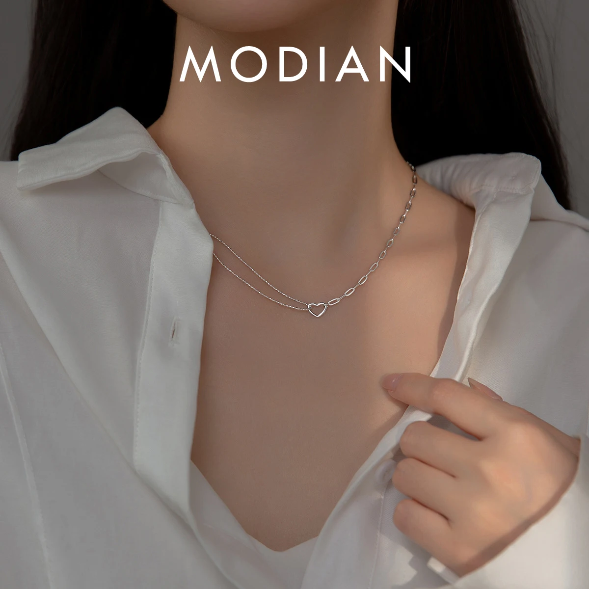 

MODIAN Genuine 925 Sterling Silver Exqusite Asymmetric Hearts Fashion Pendant Silver Chain Necklace For Women Fine Jewelry Gift