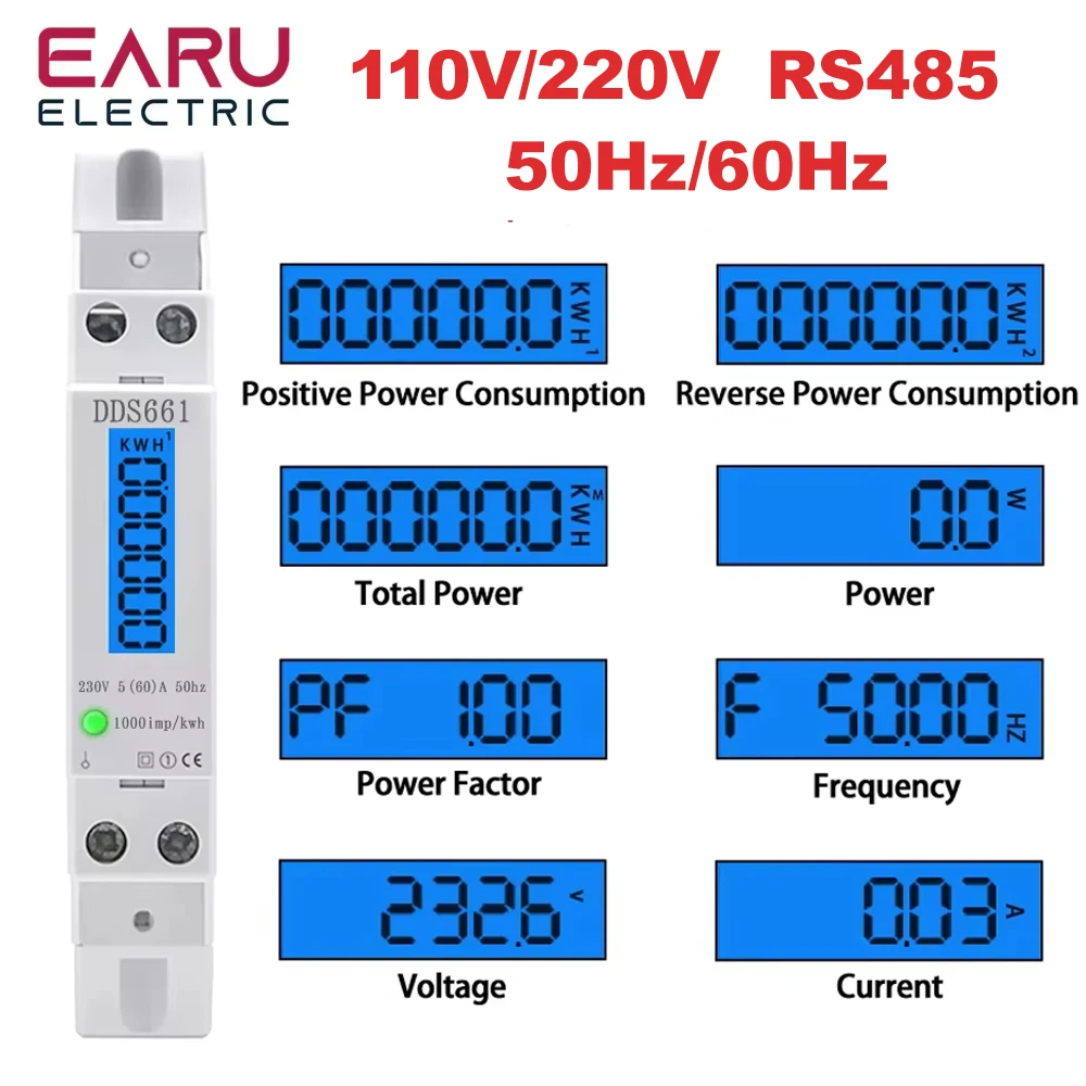 

Single Phase Backlight Wattmeter Power LCD Digital Display Consumption KWh 5(60)A 110V/230VAC 50Hz Watt Din Rail Energy Meter