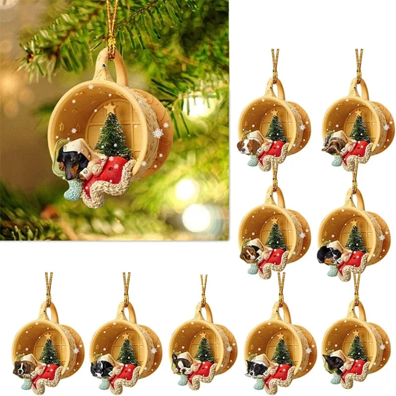 Creative Tree Christmas Decorations Acrylic Cute Sleeping Dog in A Christmas Scene-sleeping in Cup Hanging Pendants New Year