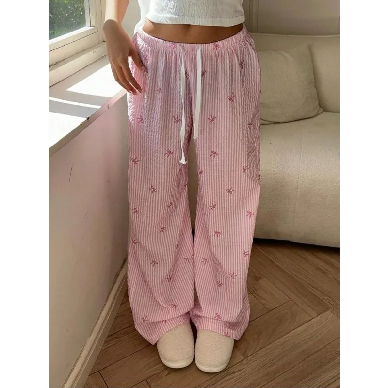 Pantalones de talla grande de otoño para mujer, pantalones a rayas con agradable arco, pantalones largos informales holgados con cintura elástica y cordón de pierna ancha ﻿