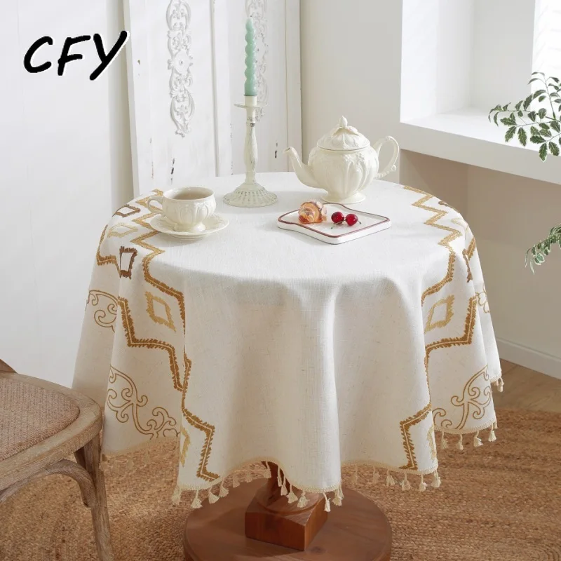 

America Cotton Linen Round Tablecloth Solid Beige Thickened Dining Table Cloth for Table Tea Round Table Cover