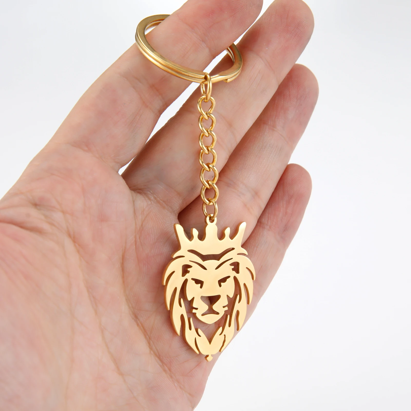 Kkjoy Fashion Stainless Steel 2023 New Punk Animal King Lion Head Pendant keychain Gold Color Birthday Jewelry Gift Wholesale