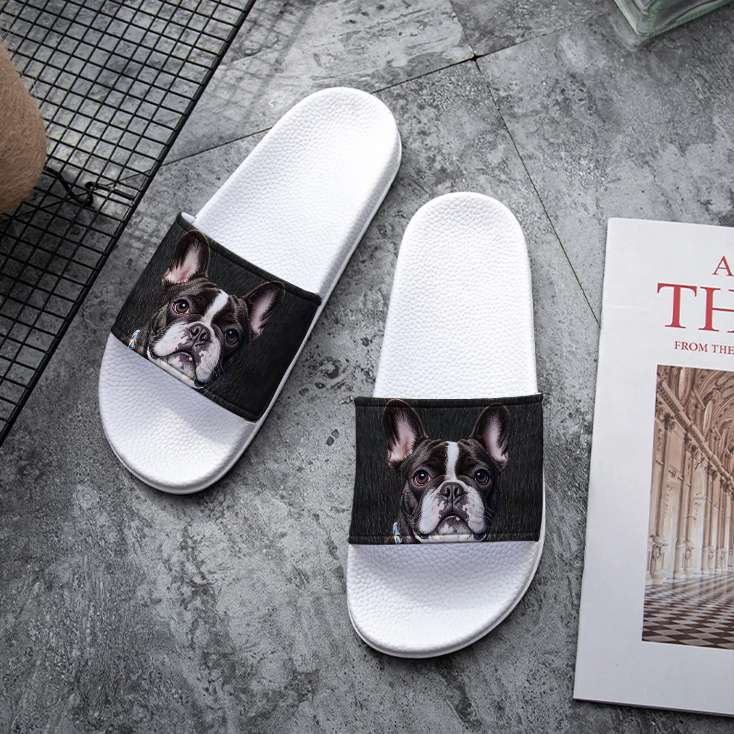 Chic French Bulldog Print PVC Slides - Comfortable, All-Season Indoor/Outdoor Slippers for Women, Black and White Options