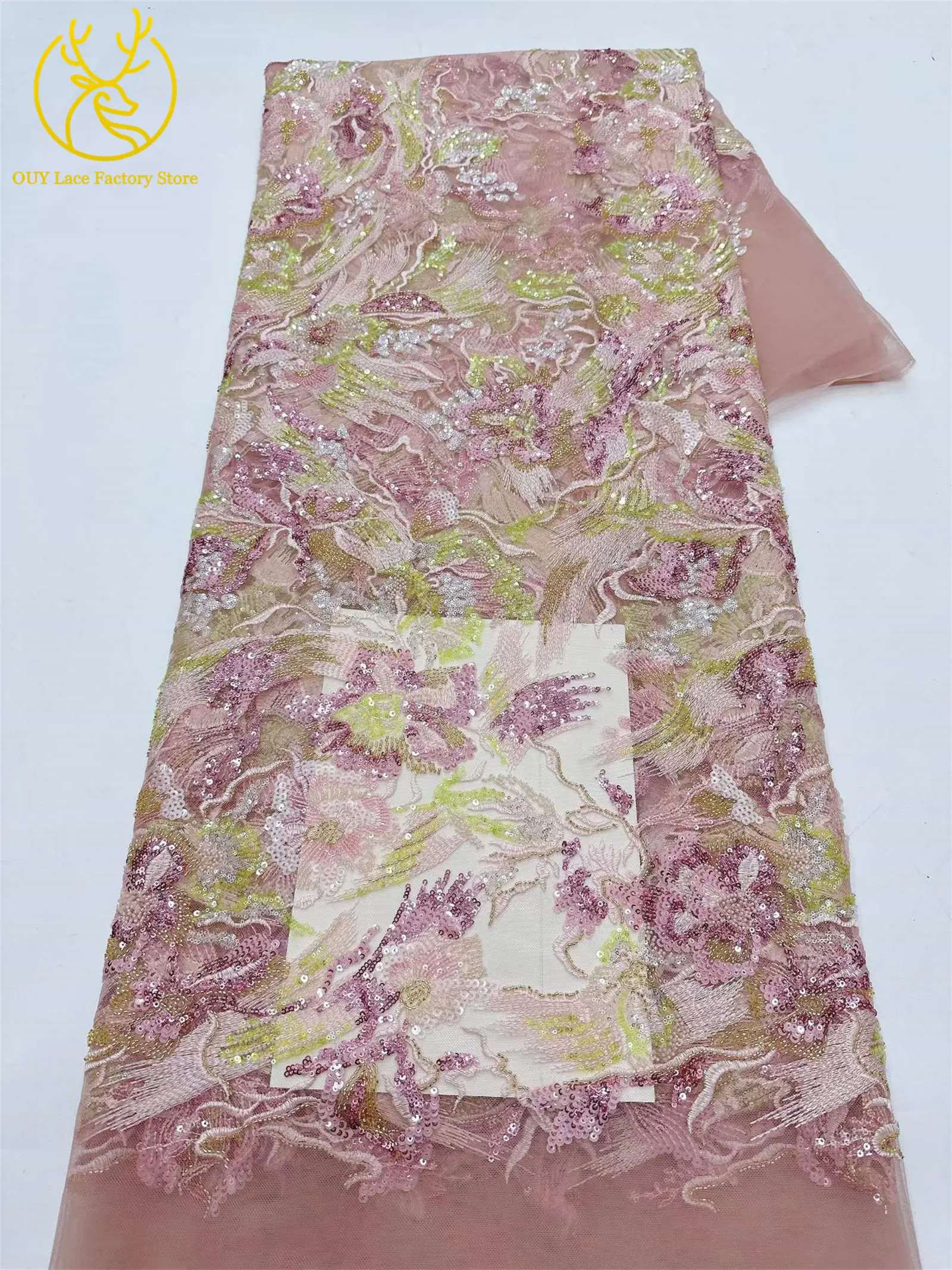 Afrikanischer Stickerei-Tüll-Pailletten-Spitzenstoff, 5 Yards, hochwertiger französischer nigerianischer Perlen-Mesh-Spitzenstoff für Hochzeitsnäharbeiten – Detail 5