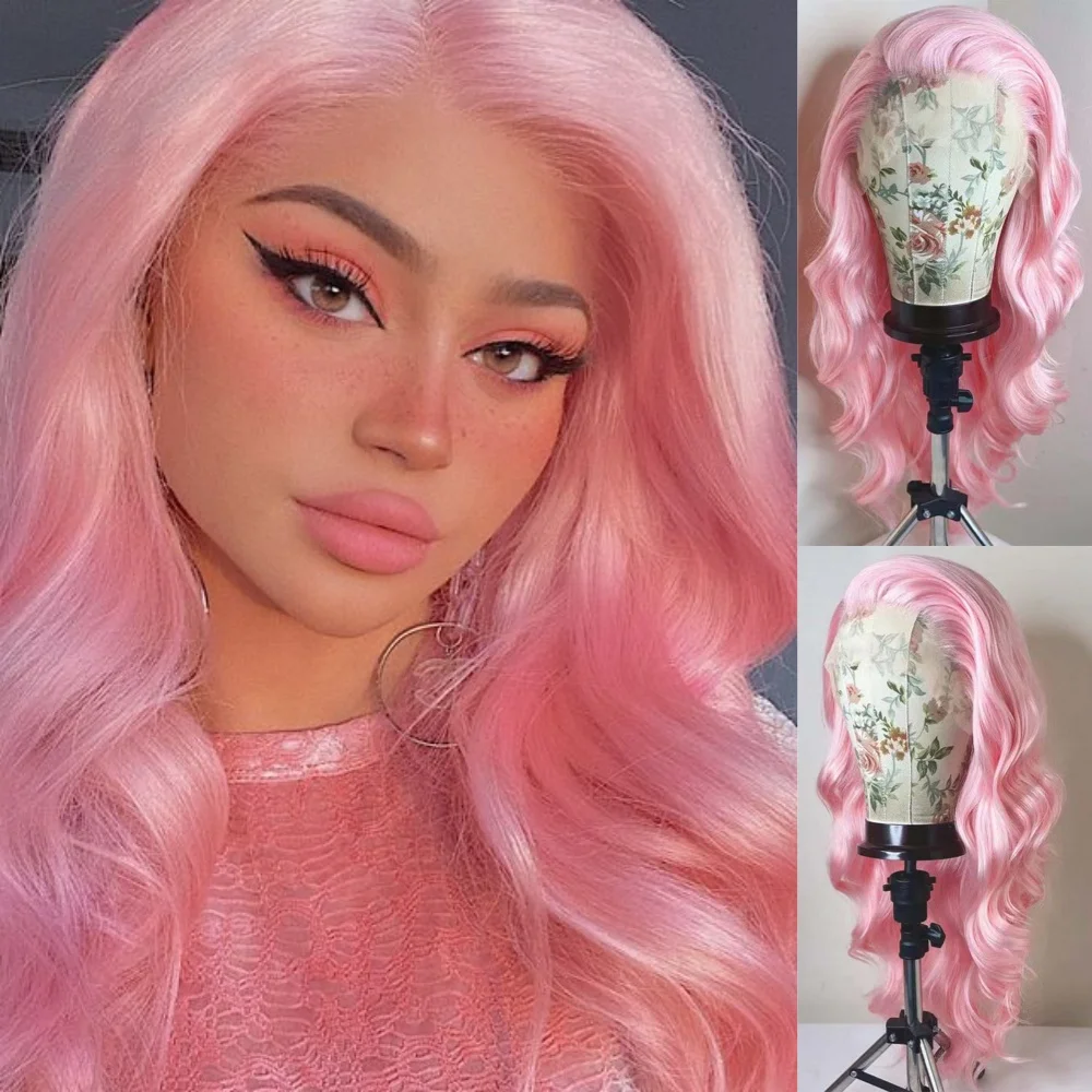 

RONGDUOYI Light Pastel Pink Lace Front Synthetic Frontal Wigs for Women Long Wavy Loose Wave Curly Hair Wig Daily Party Cosplay