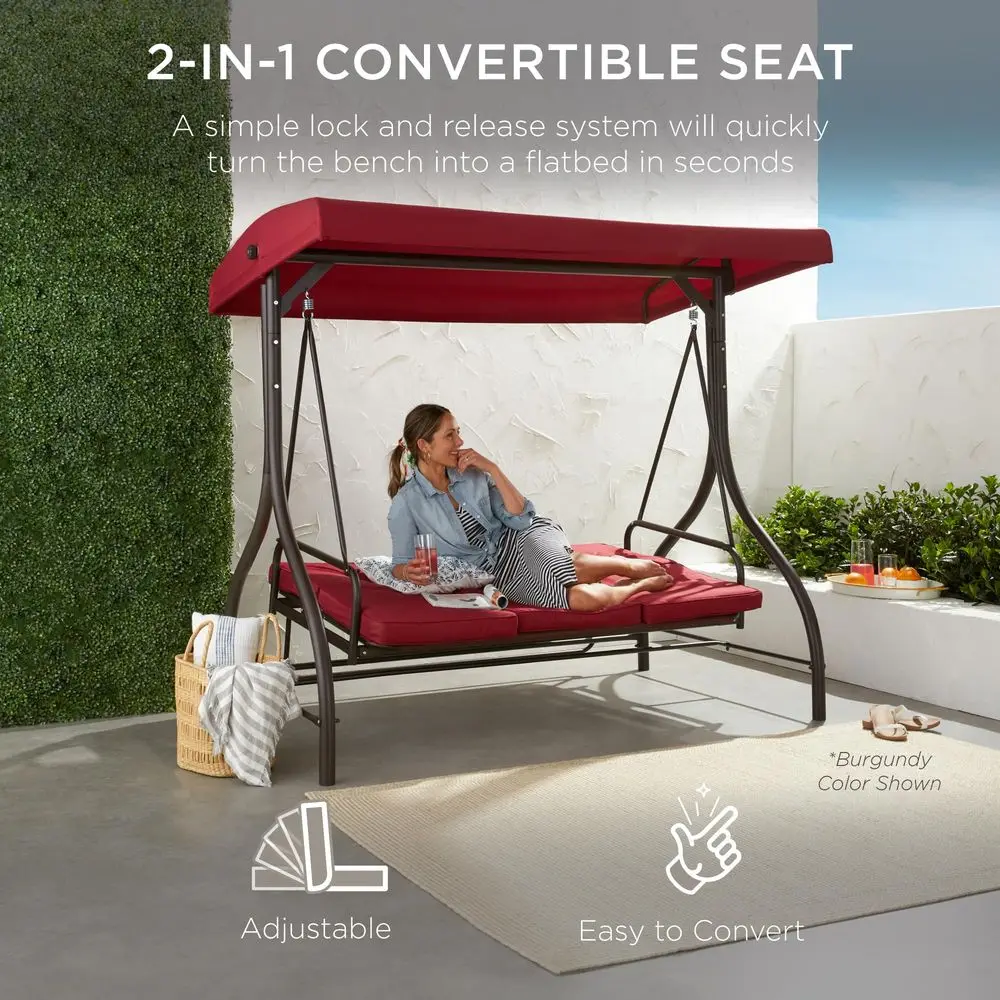 Columpio de 3 Plazas para Exteriores con Toldo Convertible, Hamaca para Patio, Silla de Descanso para Terraza o Jardín con Plataforma Plana y Sombra Ajustable