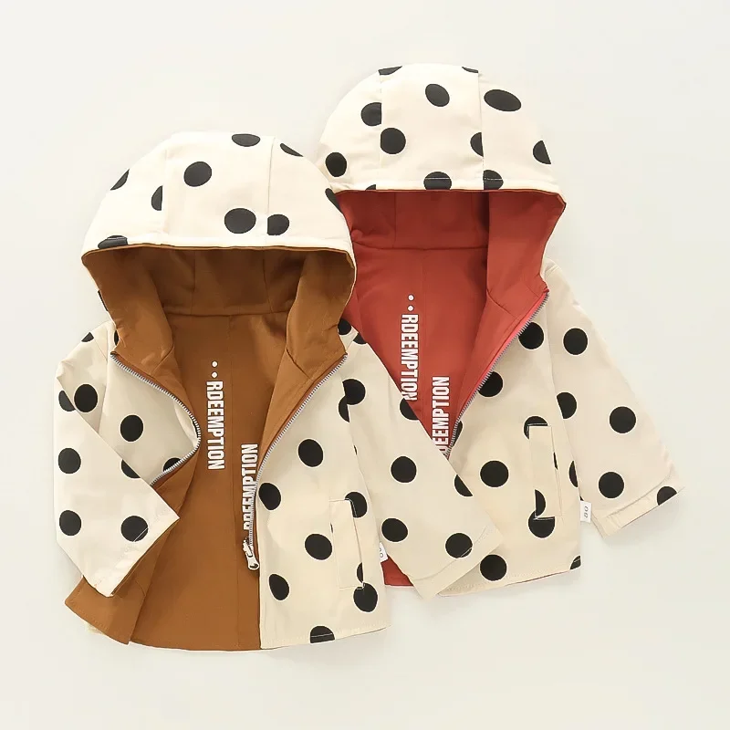 

Children Jackets Girls Double Sided Outerwear Toddler Sport Coats Kids Hooded Clothing Spring Autumn Boys Polka Dot Trench Coat