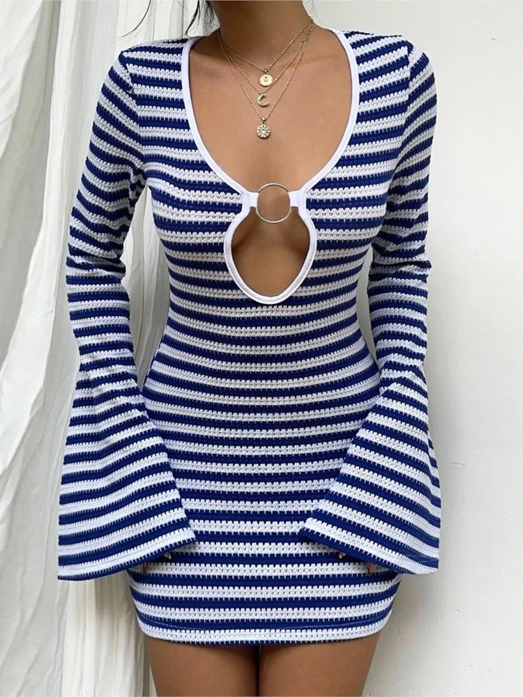 Women's Slim Fit Hollow Bell Sleeve Striped Dress Simple Style Contrast Temperament Low Cut Vestidos Hollow Out Trendy Casual
