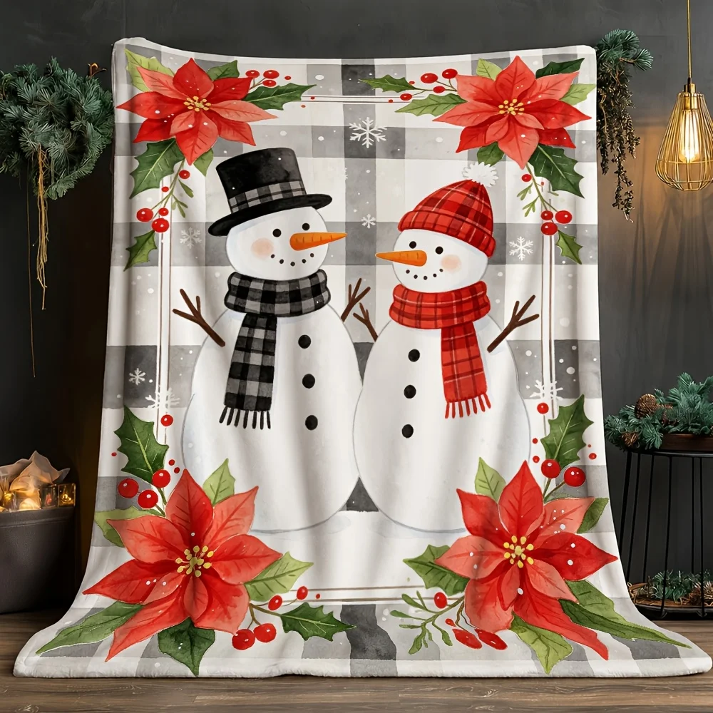 Watercolor Snowman  Throw   Plaid  Two Holly Berry  Border Print  Cover for Sofa Couch  Farmhouse Festive  Home Decor Accessory
