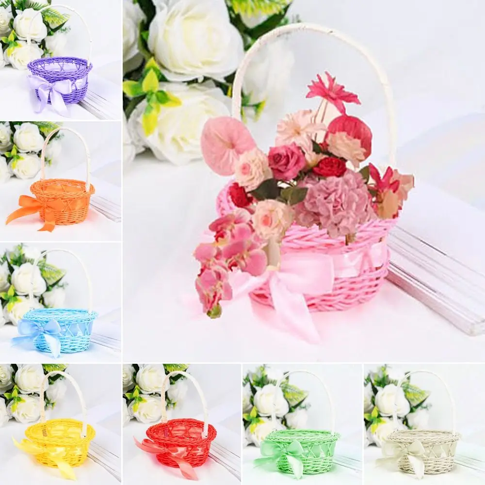 Hand-woven Small Flower Storage Basket Hand-held 8 Colors Round Storage Baskets Rattan Woven Shopping Storage Hamper Basket