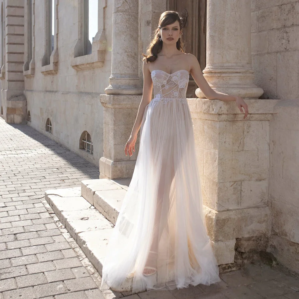 Sexy Spaghetti Straps Wedding Dresses Customized Sweetheart Neck Sleeveless Bridal Grown Applique Tulle A Line Vestidos De Novia
