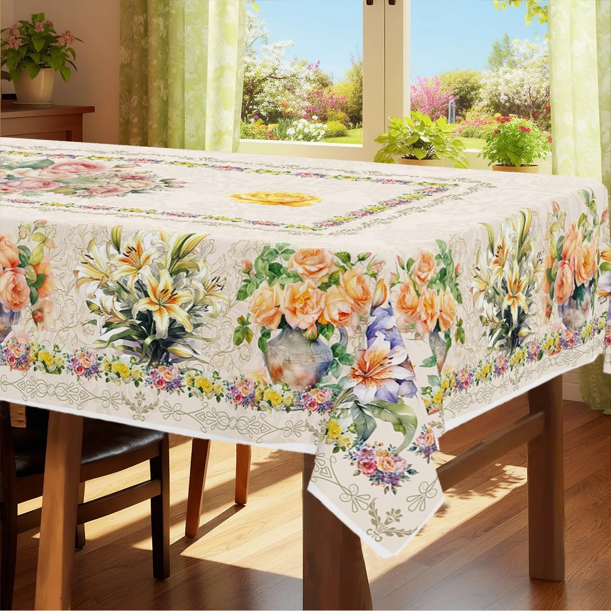 1pc Vintage Rose Lily Floral Border Tablecloth Waterproof Rectangular Table Cover Cottagecore Garden Dining Decor