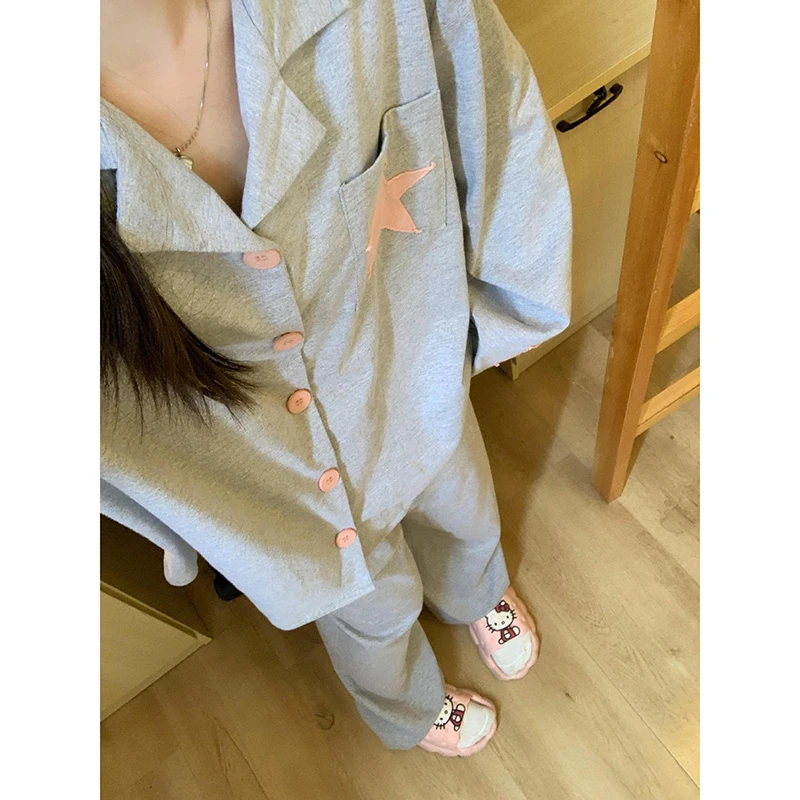 Star Sleepwear Women Pajama Sets Button Pants Sets for Women 2 Pieces Korean Night Wear Autumn Turn Down Collar Casual Home Suit