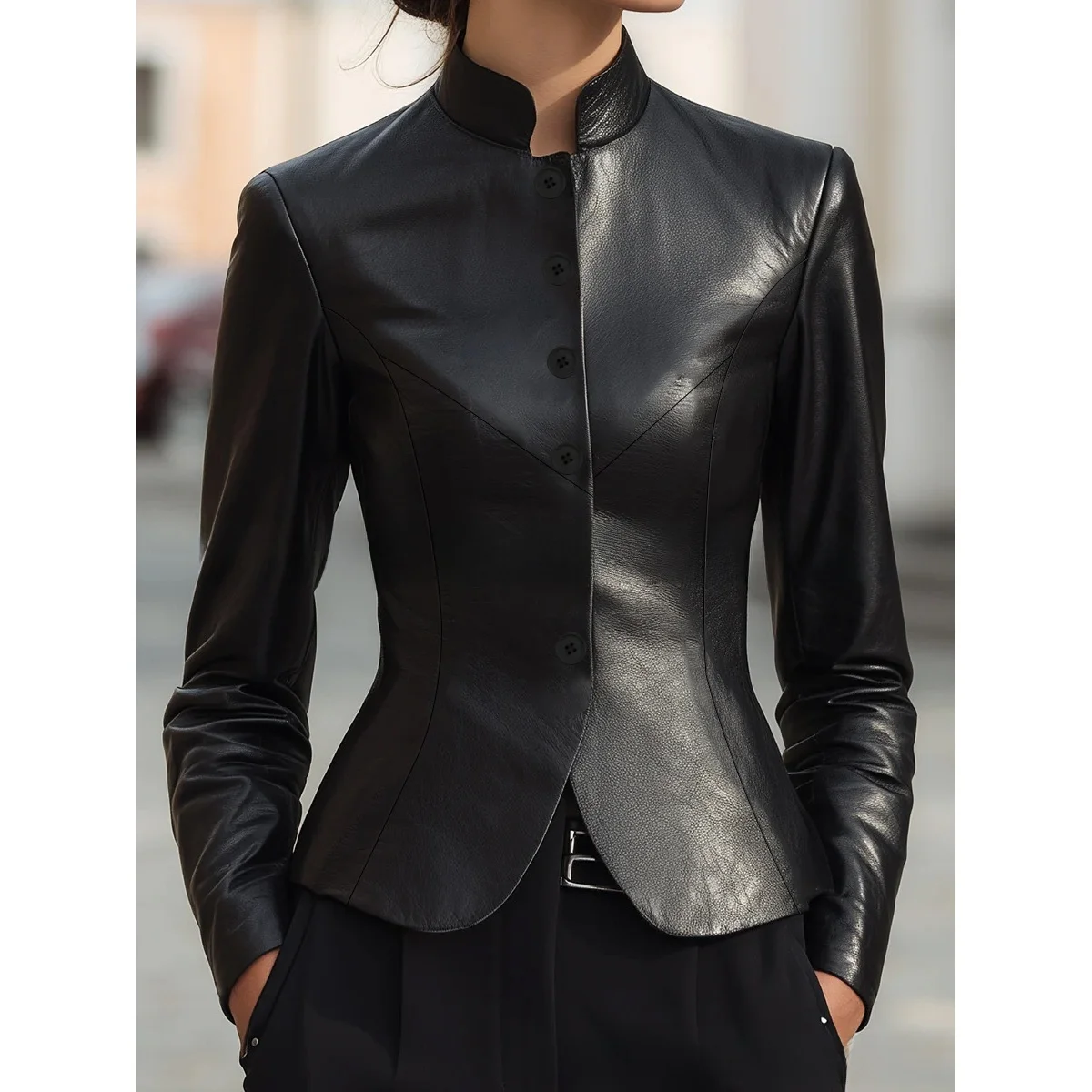 

Fashionable Short Loose Leather Jacket Women's Elegant Style Slimming Stand Collar Outerwear Stylish All-Match Coat