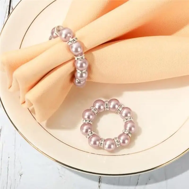 100Pcs Pearl Napkin Rings Stretched Pearl Beaded Napkin Holder Pearl Rhinestone Napkin Holder Buckles Dinner Table Ring-AT36