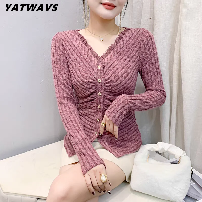 

Новые поступления, корейский шикарный сексуальный однобортный кардиган с v-образным вырезом, футболки, женские повседневные модные полосатые женские топы с длинными рукавами