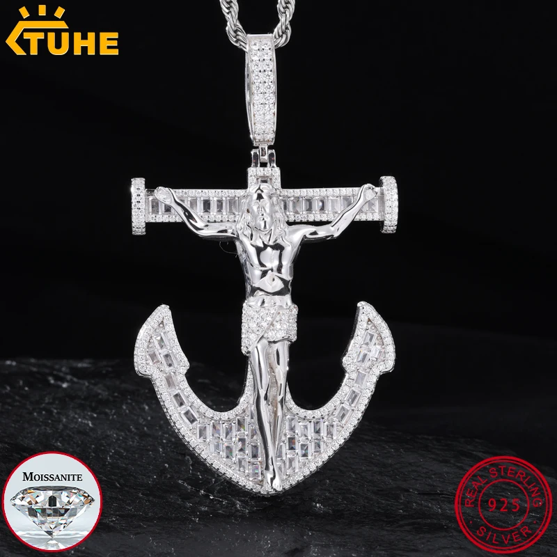TUHE Unisex S925 Moissanite Classic Ice Out Moissanite Anchor Pendant Necklace S925 Silver For Men Hip Hop Jewelry