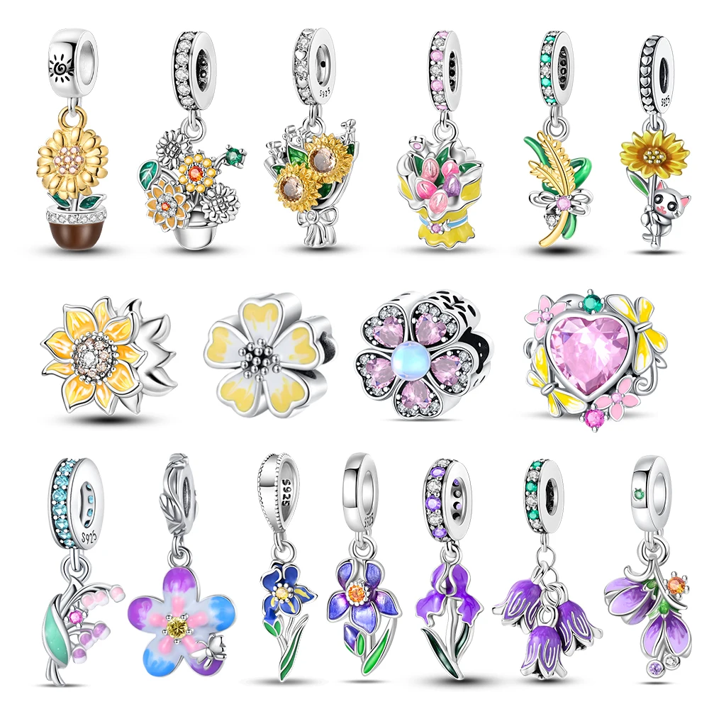 Romantic 925 Sterling Silver Beautiful Flowers Tulip Sunflower Lily Bouquet Charm Pendant Fit Brand Bracelet Couple Dating Gifts