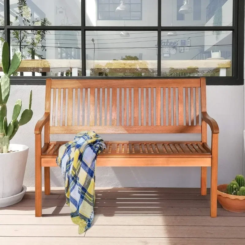 

Two Person Solid Wood Garden Bench w/Curved Backrest and Wide Armrest, Large Bench for Patio Porch Poolside Balcony