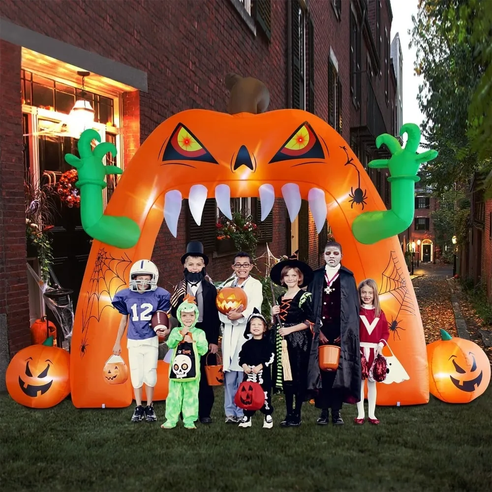 Decorazioni di Halloween 13 piedi (L) x 10 piedi (H) arco di zucca illuminato gonfiabile, arco da prato gigante Jack-O-Lantern con LED incorporato