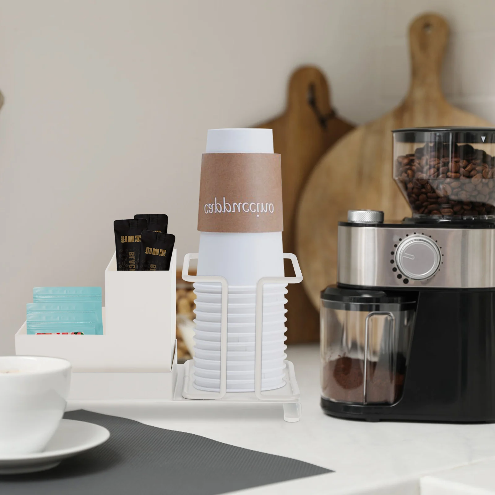 

Cup Holder Organizer Coffee Station Dispenser White Carbon Steel PP Material Storage Box for Home Office Hotel Restaurant