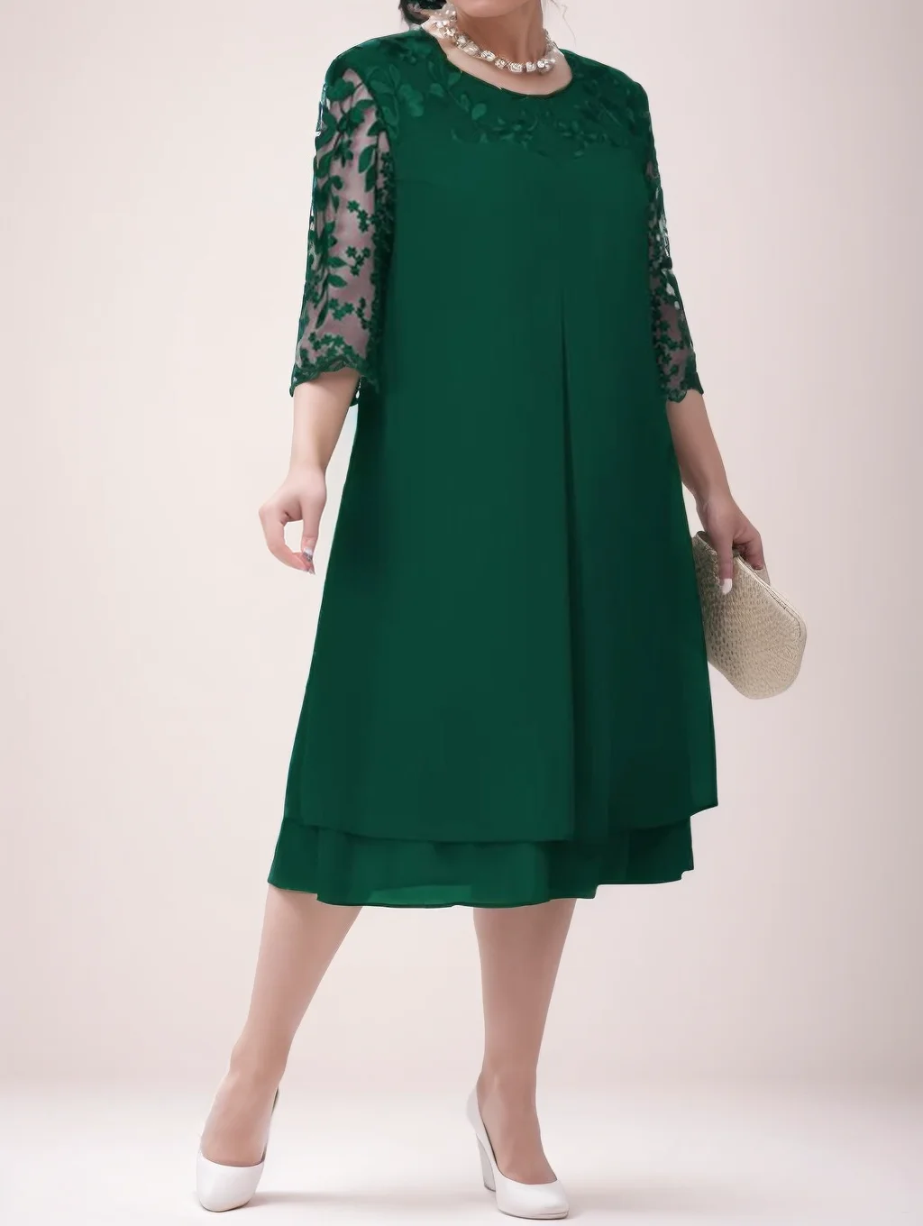 Vestido de Noite Elegante com Mangas Meio Renda - Vestido Maxi Modesto de Chiffon para Convidada de Casamento/Mãe da Noiva