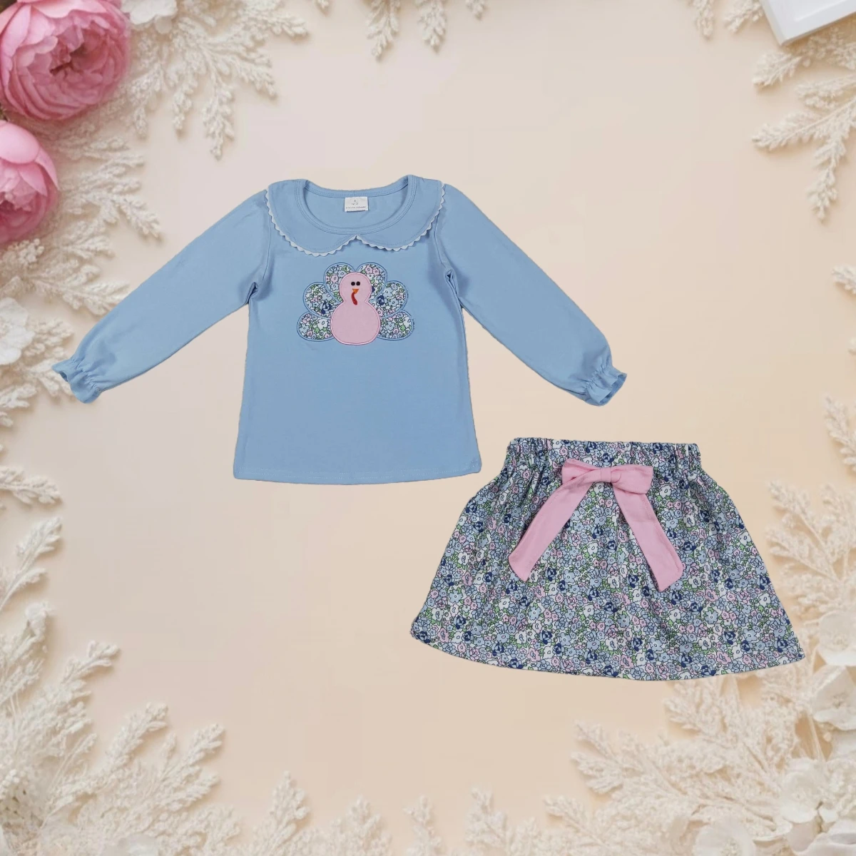 

Hot Sale Baby Girl Outfit Cute Turkey Embroidery Long Sleeve Top and Floral Bow Skirt Toddler Kids Autumn Holiday Party Clothes