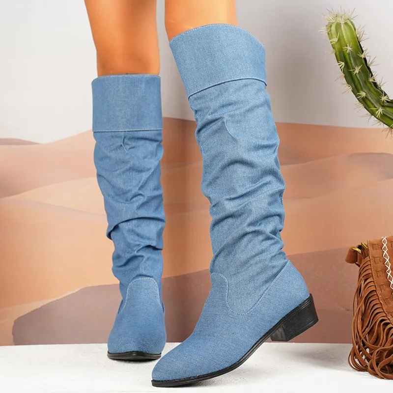 2026 Autumn/Winter Versatile Oversized Pointed Denim Pleated Women's High Boots Women Middle Heel Fashion Western Cowboy Boots