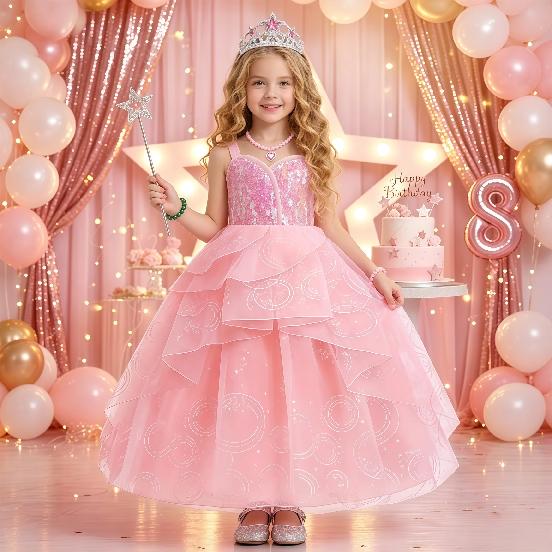 

Movie Wicked Witch Glinda Cosplay Costume Pink Sequins Princess Dress+Bracelet For Girls Birthday Party Elphaba Halloween Outfit