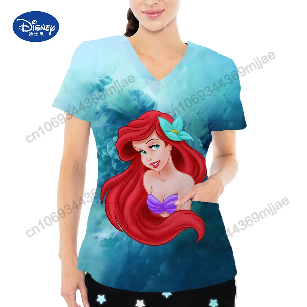 Summer New Beautiful Disney Princess Cartoon Pattern Printed Comfortable Women\'s T-shirt  Casual Nurse Uniform Y2k Style Top