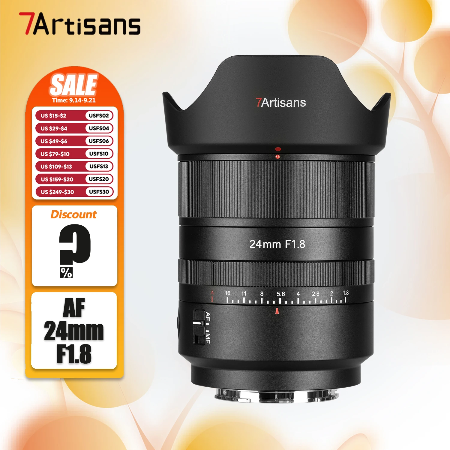 

7artisans AF 24mm F1.8 Full Frame Large Aperture Camera Lens for Portrait Photography with Sony E Mount A7RIII A6400 ZVE10