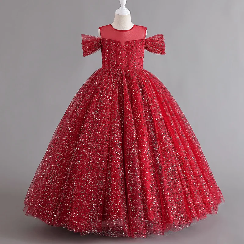 Girl evening dress off-shoulder heavy industry gauze Peng Peng Princess elegant sweet dress dinner piano performance 1308