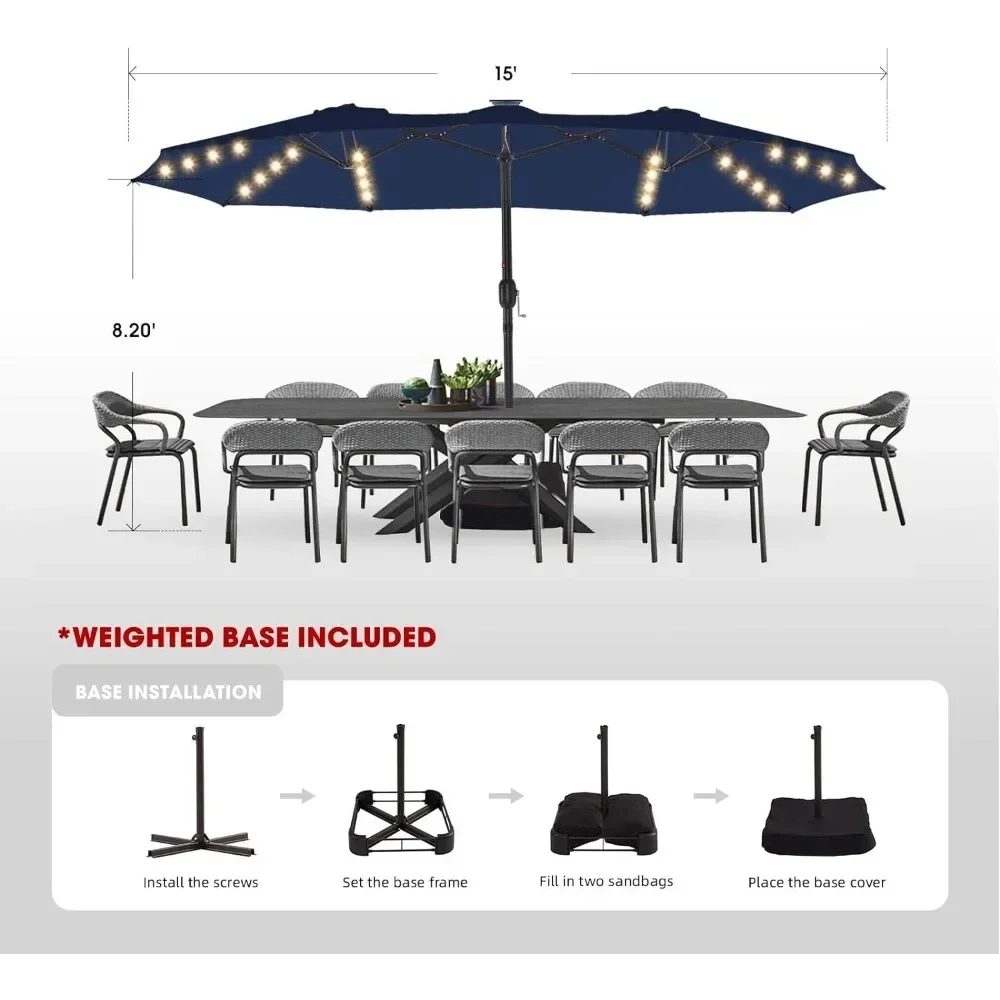 15ft Large Patio Umbrellas with Base Included,Outdoor Double-Sided Umbrella with Crank Handle,Powerful  Protective High Quality