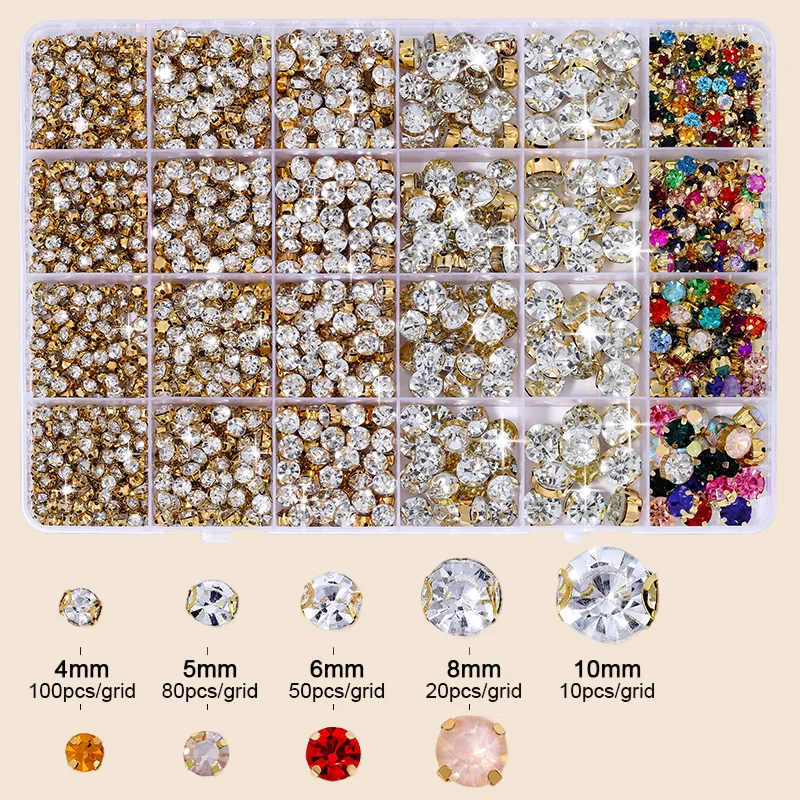 1290-teiliges Set mit Strasssteinen in Krallenform zum Aufnähen für DIY-Bastelarbeiten, Gold-/Silberfassung für die Herstellung von Kristallschmuck, Kleidung, Schuhen und Taschen. – Detail 4