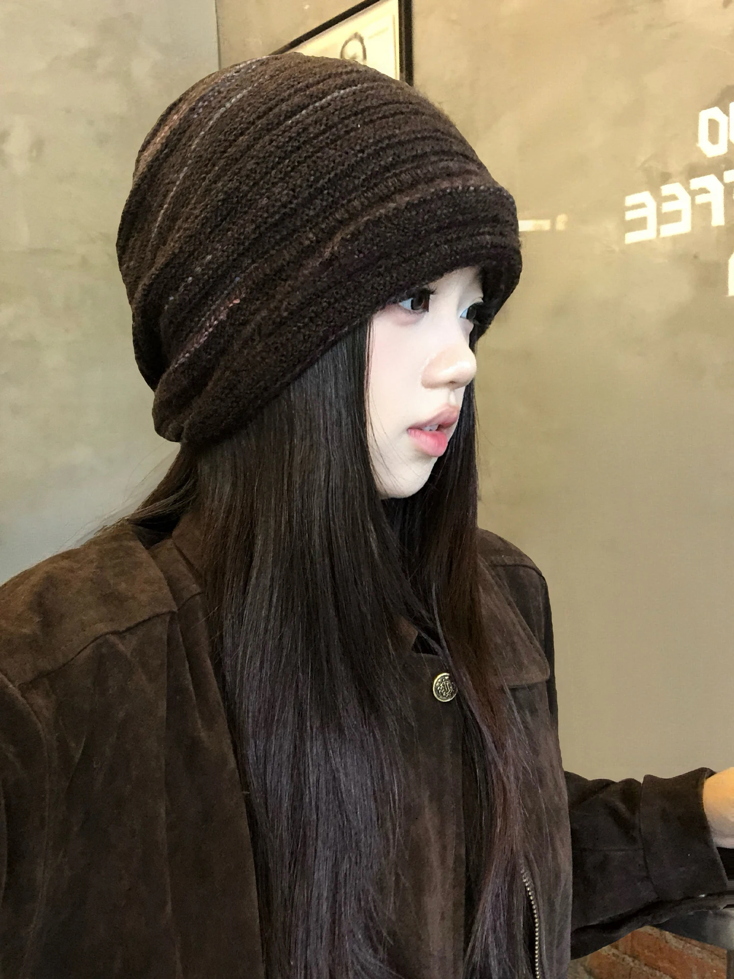 Retro Lazy Knitted Head Cover Women's Early Autumn Atmosphere Small Face Effect Large Circumference Woolen Cold Cap