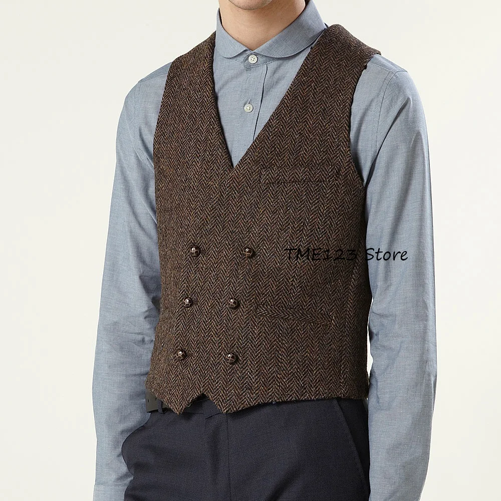 

Деловой повседневный стильный жилет для мужского костюма, жилет, мужские рантовые карманы, ткань «елочка», двубортный V-образный вырез, элегантные классические костюмы