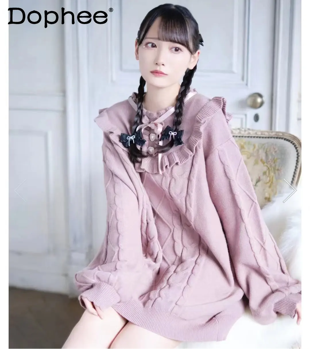 

Japanese Gentle Sweet Heart Buckle Knitted Dresses Women Cute Doll Collar Long Sleeve Mini Dress Autumn Winter Sweater Vestidos