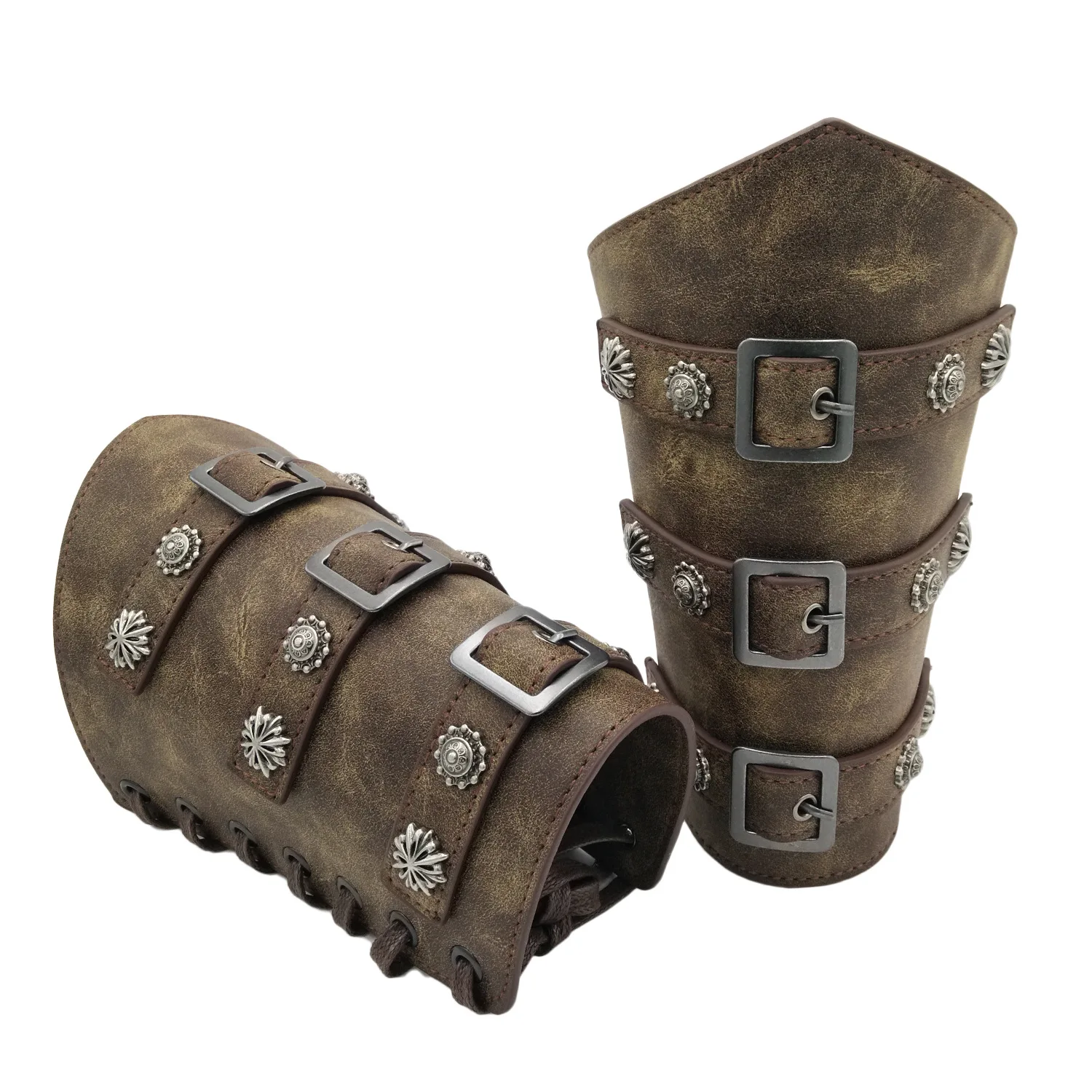 

Fashion Anime Cosplay Medieval Retro PU Leather Wristbands Brown Adult Metal Role Play Knight Show Performance Clothing Props