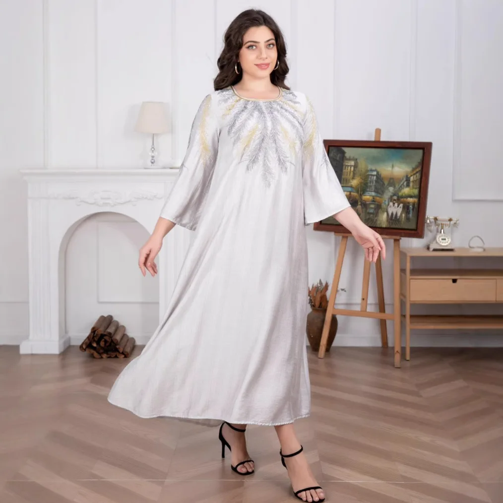 European American New Fashion Women's Plus Size Casual Trendy Loose Simple Basic Elegant O-neck Long Sleeve Abaya Muslim Clothes