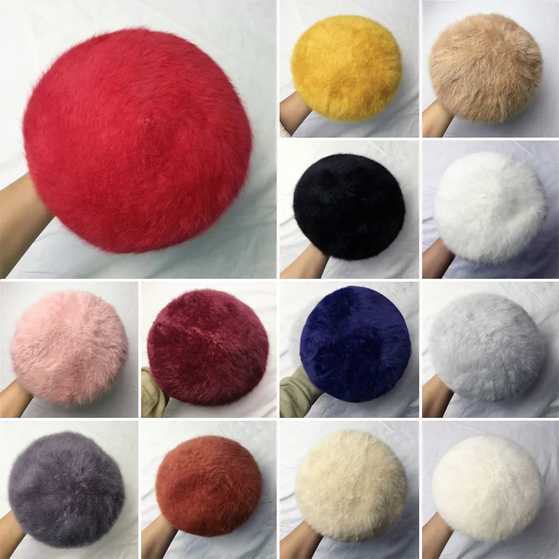 Black/White Fashion Classic Women Rabbit Fur Berets Autumn Winter Warm Thick Plush Hat Casual Solid Color Elegant Sweet Berets