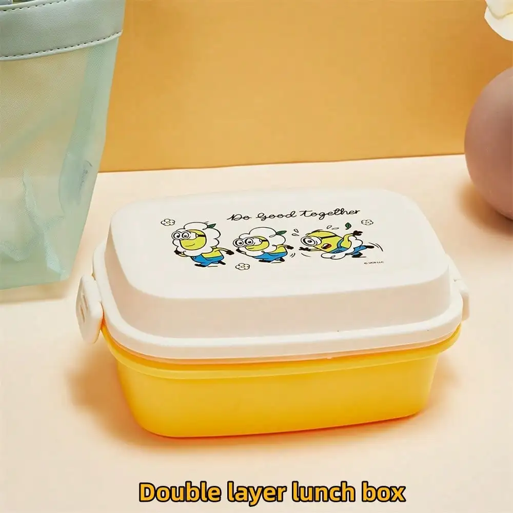 صندوق بينتو مينيسو ديزي مينيونز مزدوج الطبقات 980 مل - خالي من مادة BPA مانع للتسرب |   تتضمن أواني PP حاوية طعام للأطفال والكبار