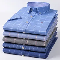 New Men's Social Shirt Short Sleeve 100% Pure Cotton Oxford Soft Buttoned Plaid Formal Male Clothes Pocket Social Shirt S-7XL