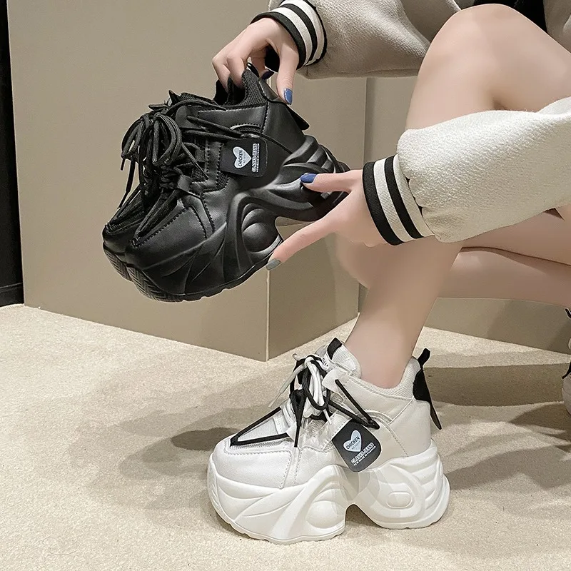 New Women Autumn Spring Chunky Sneakers Lace Up Platform Sports Shoes Woman Thick Bottom High Heels Female 9.5CM Wedges Sneakers