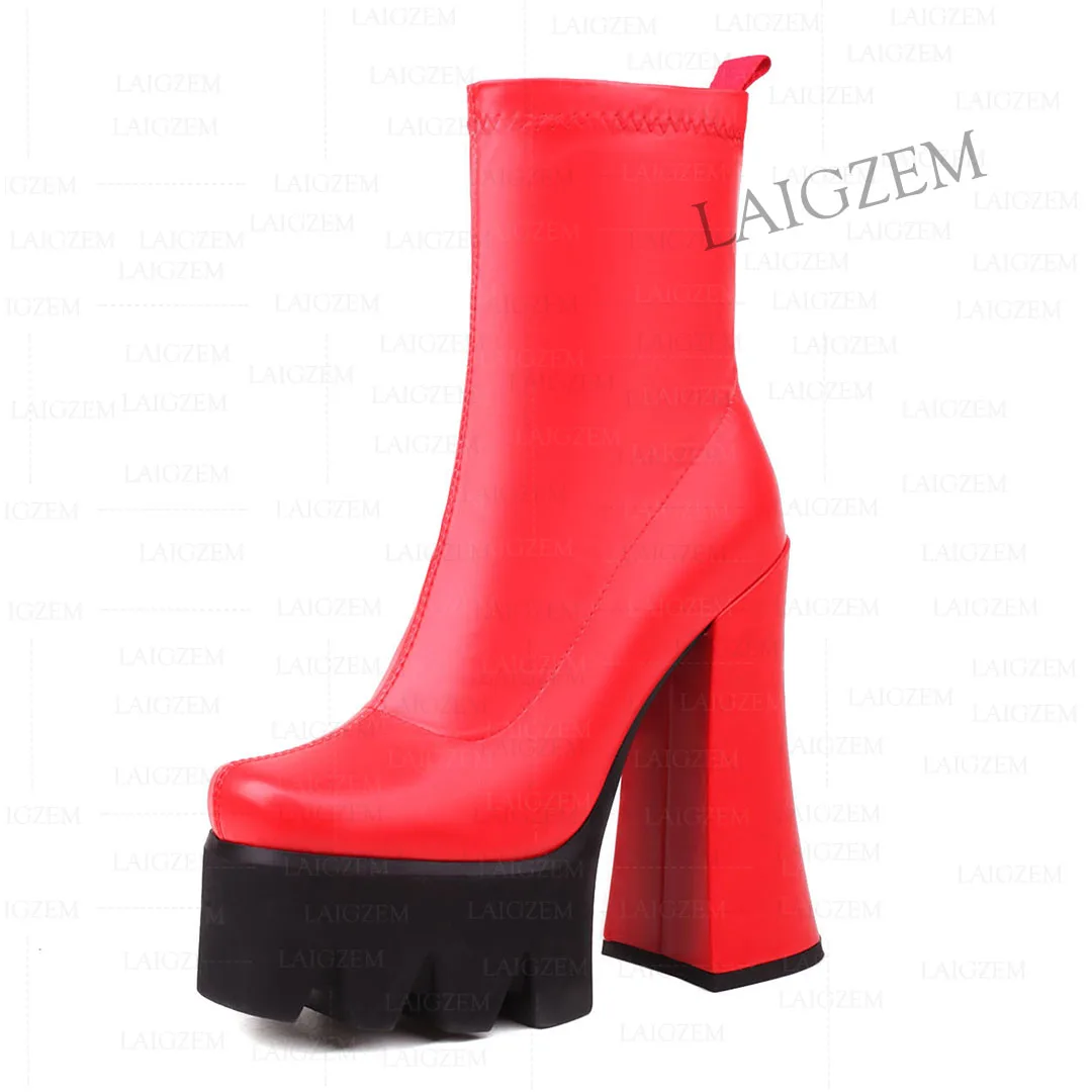 LAIGZEM Women Ankle Boots Platform Elastic Pull On/ Side Zip Chunky Thick High Heels Short Booties Shoes Woman Large Size 41 43