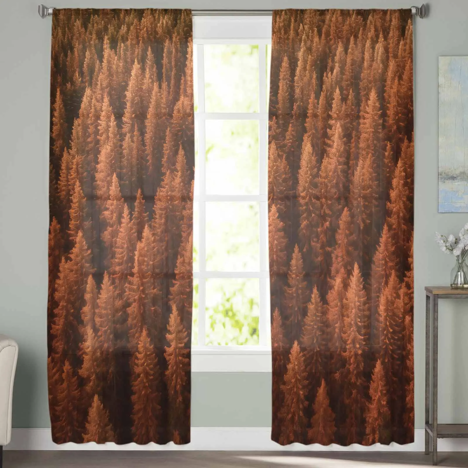 Wallpaper Forest Tree Autumn Triangle Tulle Sheer Window Curtains For Living Room Kitchen Children Bedroom Voile Hanging Curtain