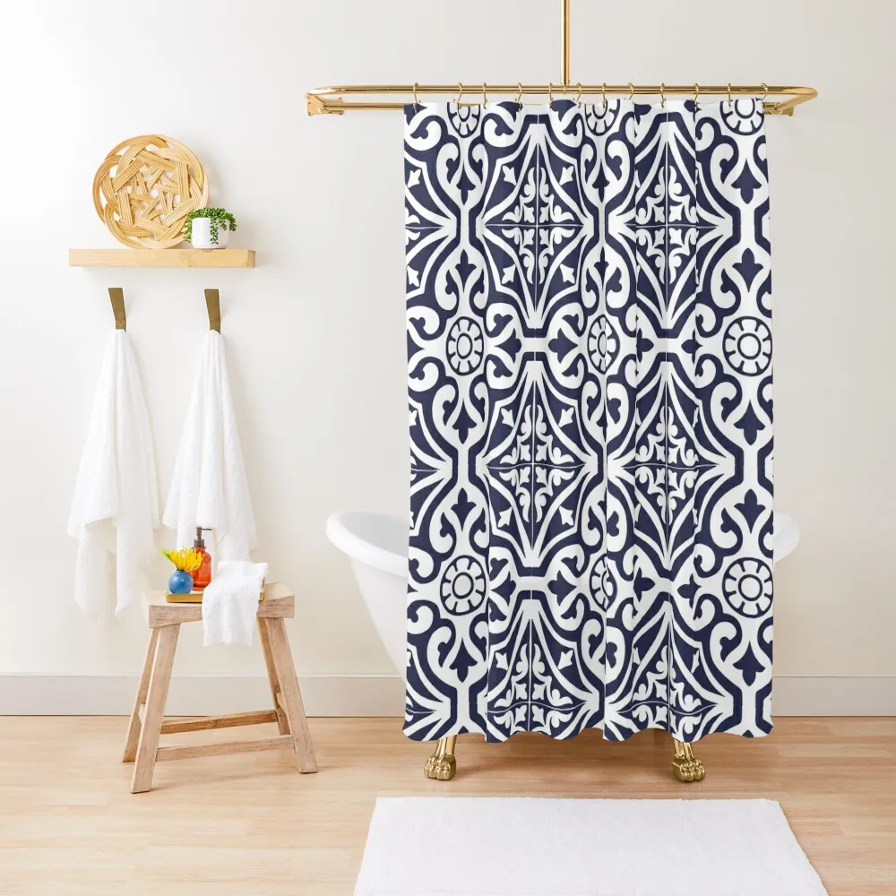 

Hamptons Blue and White Moroccan Talavera Tile Shower Curtain Bathroom Decor Bathroom Fabric Curtain